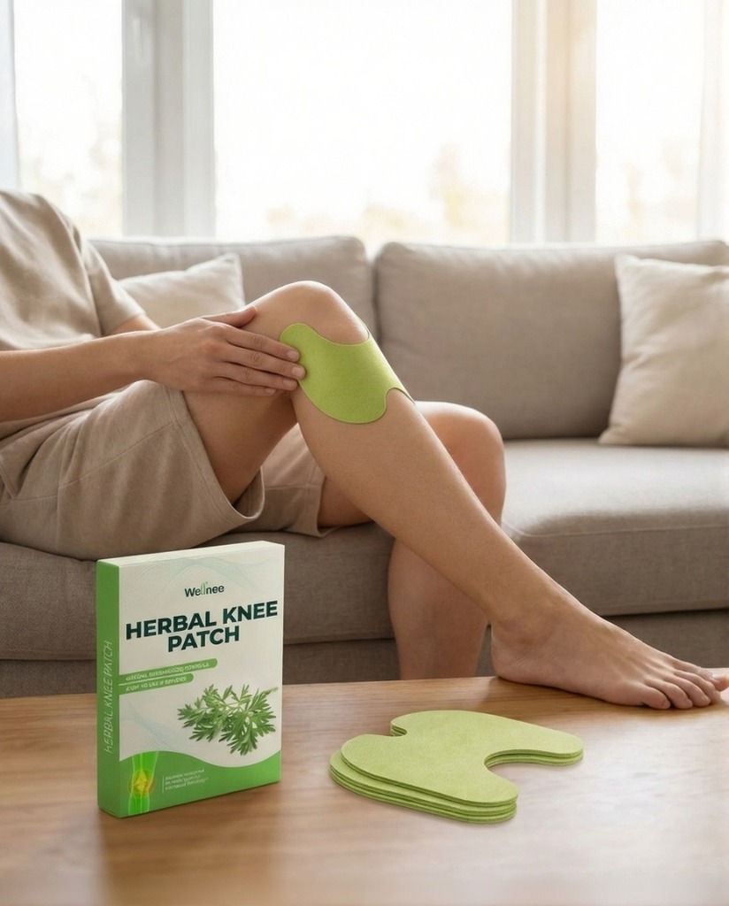 Woman applying knee patch