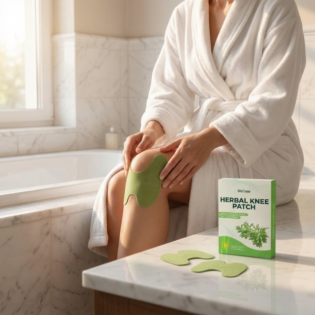 Woman applying knee patch in bathroom